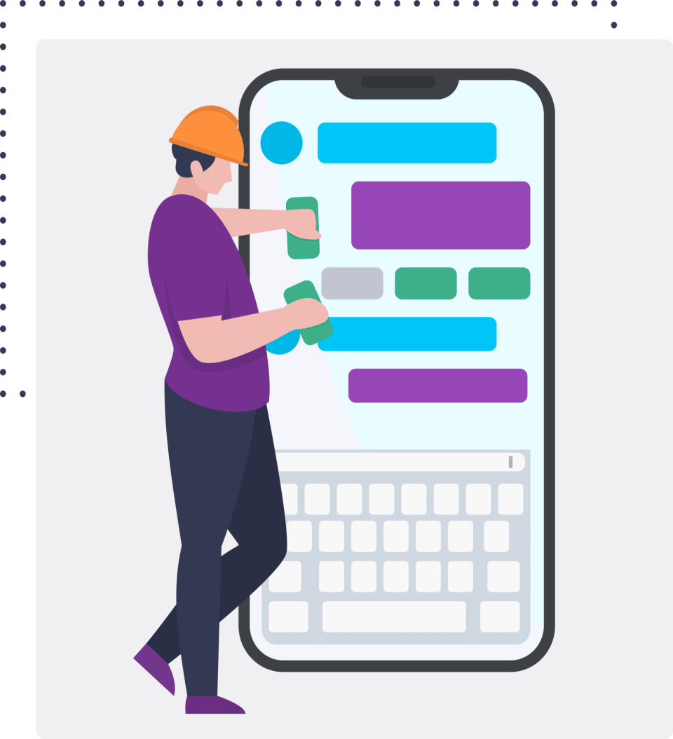 man with hard hat stood next to large mobile phone